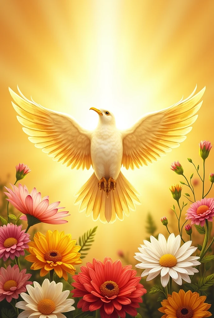 A flag that says house of prayer and below garden of Jehovah with the holy spirit in the form of a dove in the center with a yellow background and flowers on the sides. In Spanish language..