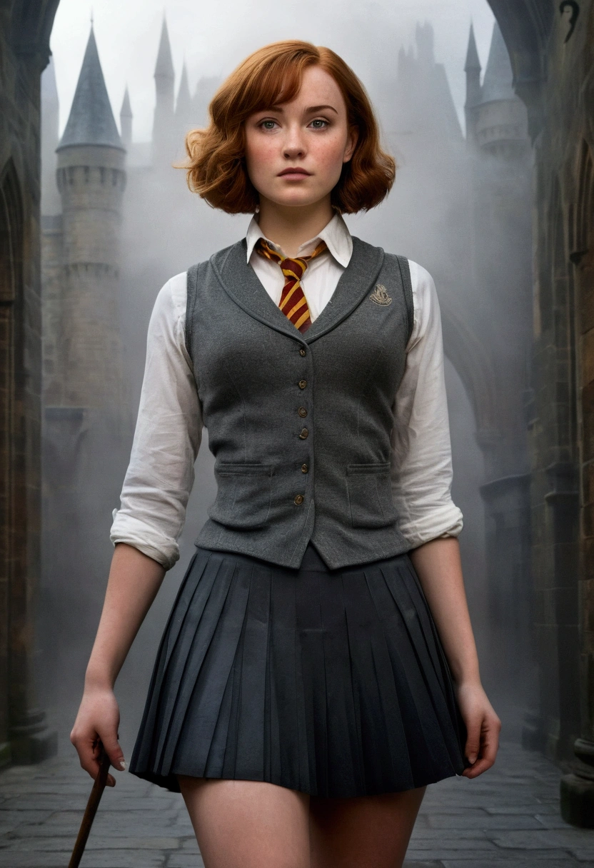 An illustrated movie poster, hand-drawn, full color, a female Hogwarts student, 1, wearing a charcoal vest and a pleated skirt, toned, amazonian stature, athletic hourglass figure, full wide hips, massive round butt, long shapely legs, ridiculously thick powerful thighs, hazel eyes, deep dark auburn hair, short curly bob cut, flushed sun-kissed complexion, freckles, resembles Genevieve O'Reilly, standing in a foggy Hogwarts courtyard, surrounded by mist, graphite shading, stencil marks, airbrushed acrylic paint, masterpiece, in the Deathly Hallows 