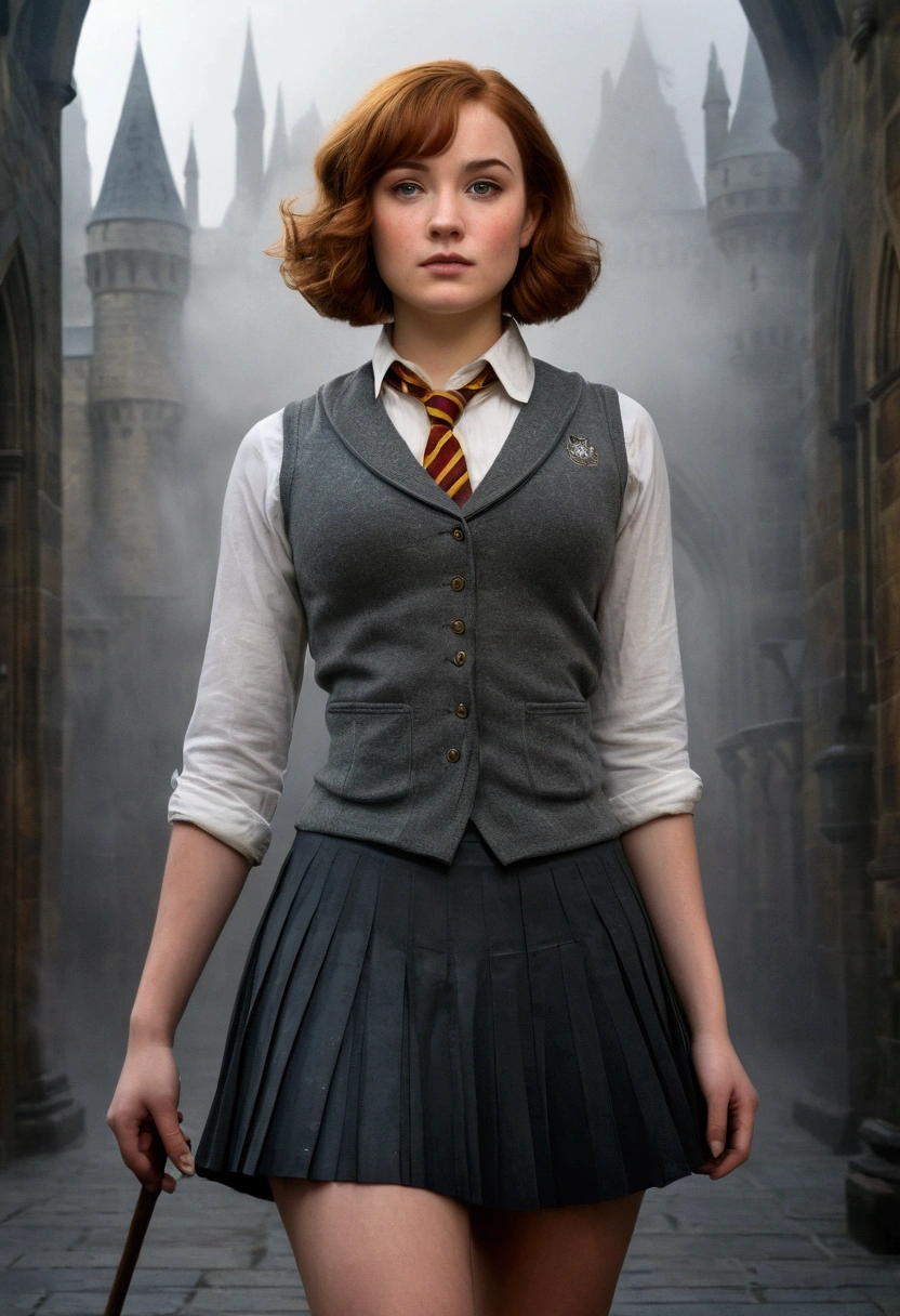 An illustrated movie poster, hand-drawn, full color, a female Hogwarts student, 1, wearing a charcoal vest and a pleated skirt, toned, amazonian stature, athletic hourglass figure, full wide hips, massive round butt, long shapely legs, ridiculously thick powerful thighs, hazel eyes, deep dark auburn hair, short curly bob cut, flushed sun-kissed complexion, freckles, resembles Genevieve O'Reilly, standing in a foggy Hogwarts courtyard, surrounded by mist, graphite shading, stencil marks, airbrushed acrylic paint, masterpiece, in the Deathly Hallows