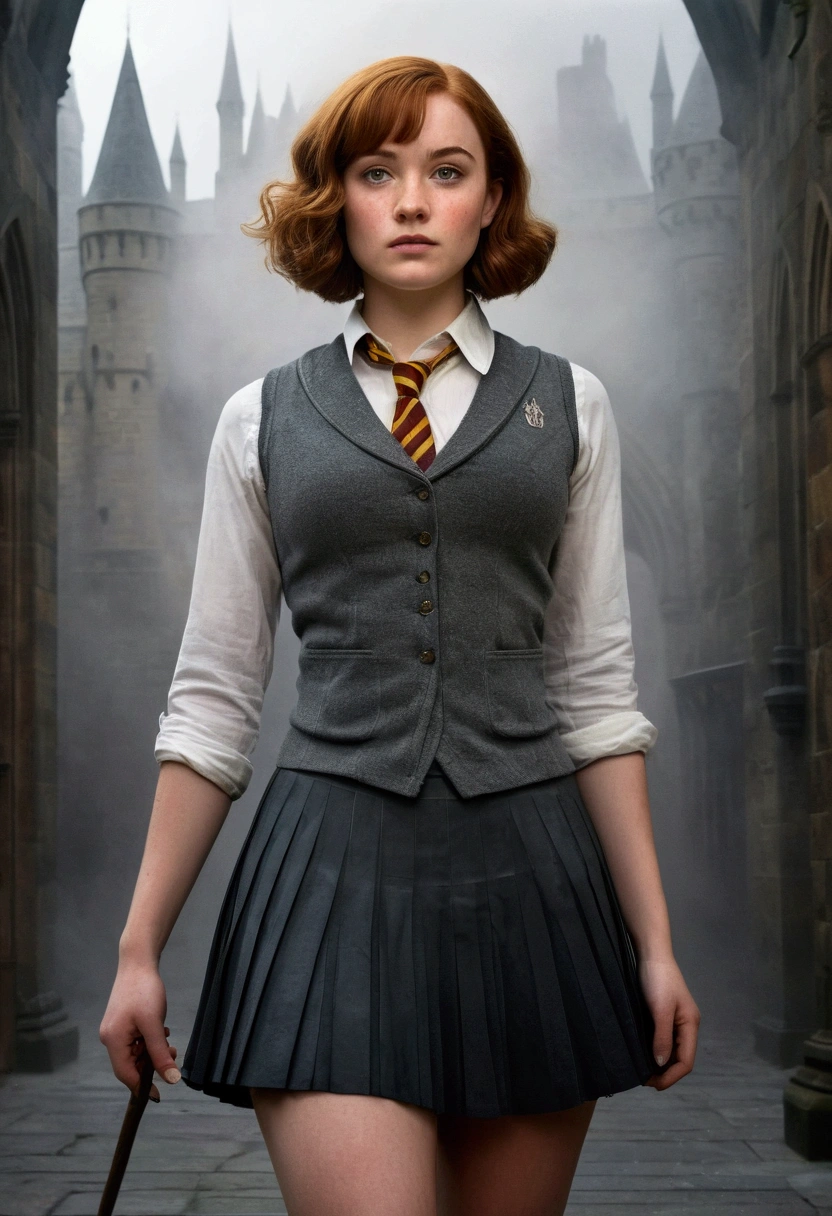 An illustrated movie poster, hand-drawn, full color, a female Hogwarts student, 1, wearing a charcoal vest and a pleated skirt, toned, amazonian stature, athletic hourglass figure, full wide hips, massive round butt, long shapely legs, ridiculously thick powerful thighs, hazel eyes, deep dark auburn hair, short curly bob cut, flushed sun-kissed complexion, freckles, resembles Genevieve O'Reilly, standing in a foggy Hogwarts courtyard, surrounded by mist, graphite shading, stencil marks, airbrushed acrylic paint, masterpiece, in the Deathly Hallows