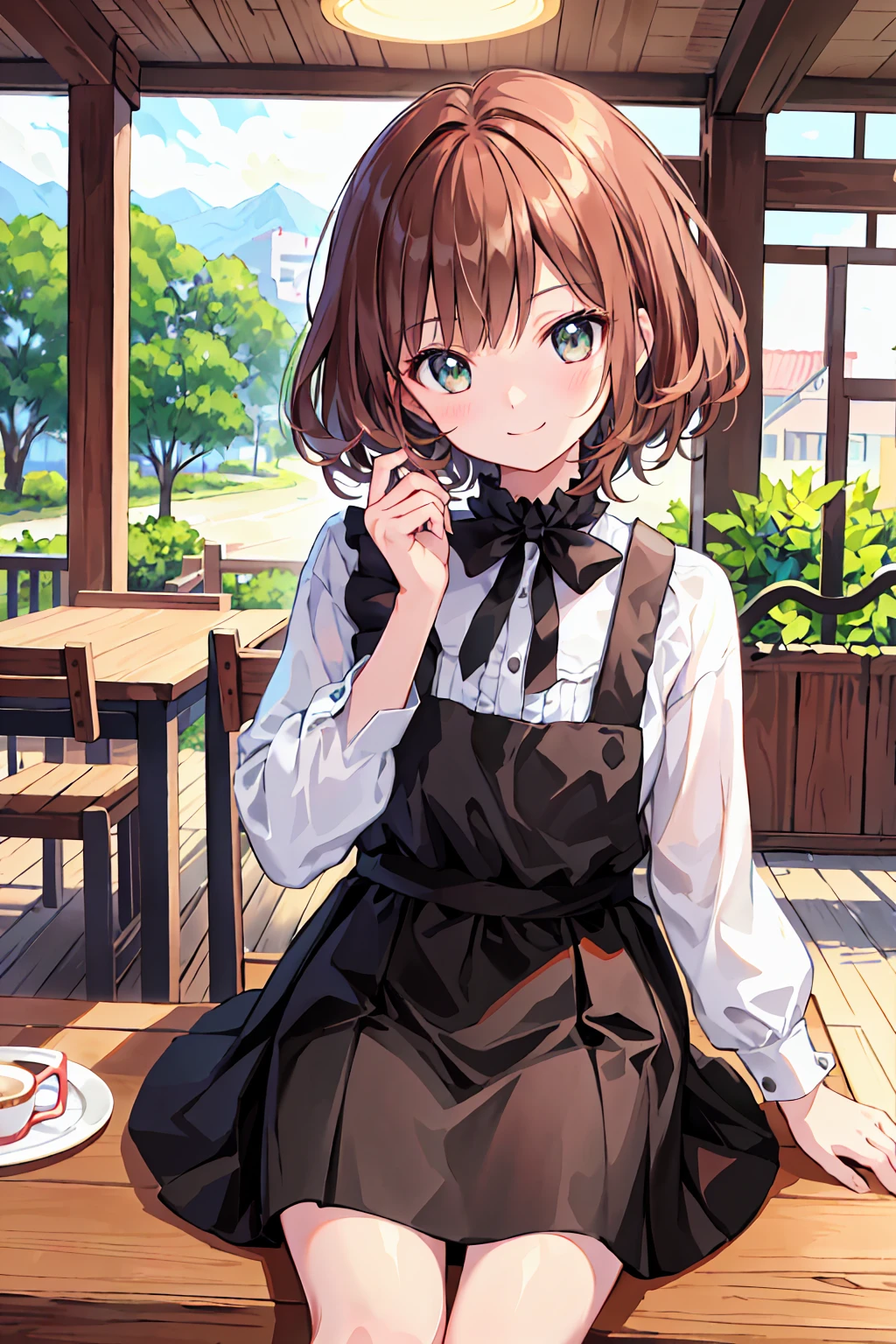 (Highest quality、In 8K、32K、masterpiece、Hmph、Ultra-high resolution、Impressionism、Photorealistic:1.2)、Cowboy Shot、Sharp focus、Detailed face and eyes、(There is a plate of cake and coffee on the table, Cafe, sitting at a mocha-colored table, dessert, ミニチュアCafeジオラマ, ダイナーCafe, At the coffee shop, 居心地の良いCafeの背景, At the coffee shopコーヒーを楽しむ, Cafeに座っている, Shot on a Sony Alpha 1 camera, by Haku Maki)、Sharp pupils、Realistic students、Beautiful Face、18 year old beautiful girl、Glowing Skin、Medium Short、Beautiful light brown hair、Blunt bangs、Green-eyed eyes、Autumn Coordination、Black socks、Put your right hand on your cheek、(A happy smile:1.2)、Mel Kishida,Shortcuts,Messy Hair,Slender beauty,Small chest,Beautiful feet,