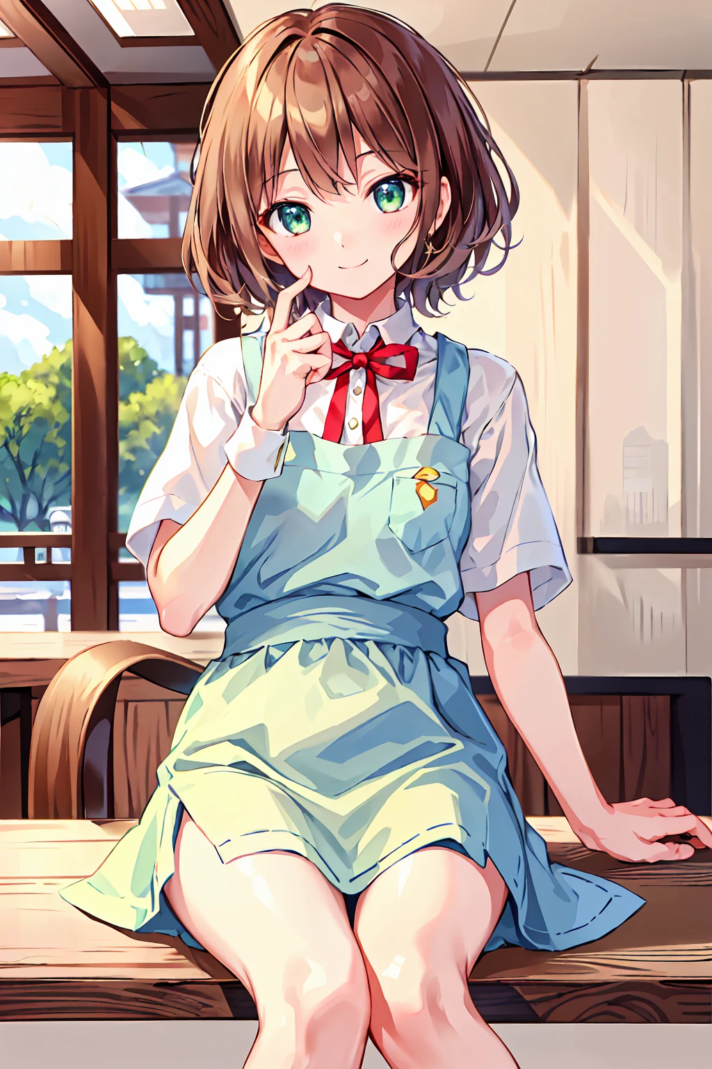(Highest quality、In 8K、32K、masterpiece、Hmph、Ultra-high resolution、Impressionism、Photorealistic:1.2)、Cowboy Shot、Sharp focus、Detailed face and eyes、(There is a plate of cake and coffee on the table, Cafe, sitting at a mocha-colored table, dessert, ミニチュアCafeジオラマ, ダイナーCafe, At the coffee shop, 居心地の良いCafeの背景, At the coffee shopコーヒーを楽しむ, Cafeに座っている, Shot on a Sony Alpha 1 camera, by Haku Maki)、Sharp pupils、Realistic students、Beautiful Face、18 year old beautiful girl、Glowing Skin、Medium Short、Beautiful light brown hair、Blunt bangs、Green-eyed eyes、Autumn Coordination、Black socks、Put your right hand on your cheek、(A happy smile:1.2)、Mel Kishida,Shortcuts,Messy Hair,Slender beauty,Small chest,Beautiful feet,
