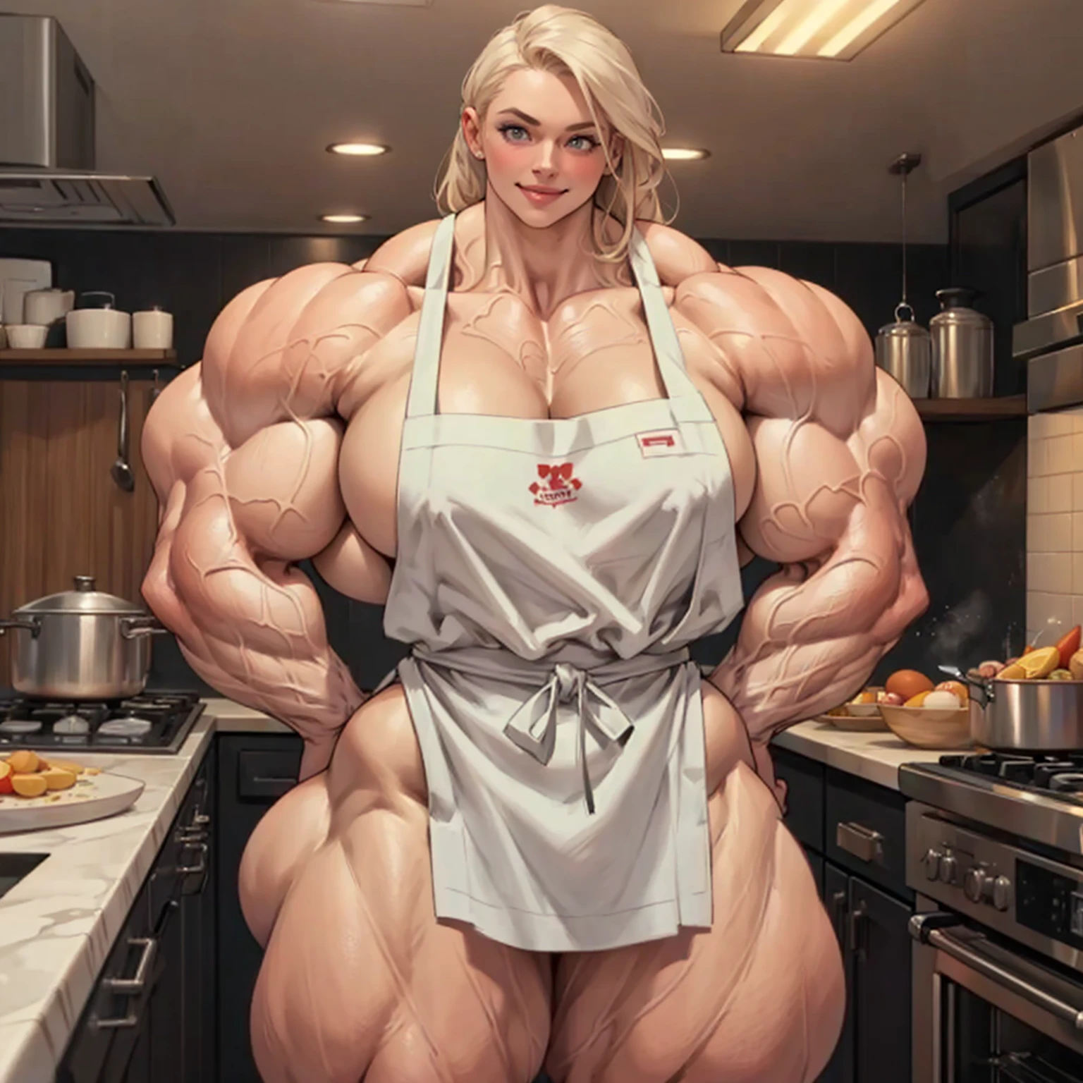 (masterpiece, realistic, detailed:1.2), young scandanavian girl, cooking, (hypermuscle:1.9), , apron, (open smile expression:1.2), small waist, gigantic ass,ealistic face:1.2), (huge lips), kitchen, eggs