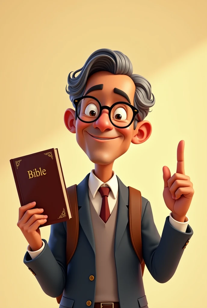 Create a Pixar-style image of a 53-year-old Latino man,brown skin, using reading glasses, gray curly hair, Side-parted hairstyle and formal dress, holding a bible in his left hand and pointing at the bible with his index finger of his right hand, smiling placidly, he has neither a beard nor a moustache, In the book it should only say BIBLE,without images, He carries a backpack and an umbrella hanging from the same backpack 