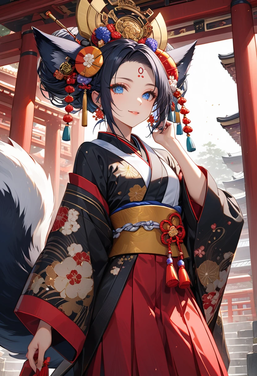 Ink painting, (((1 girl))), (((Tattoo in the middle of the forehead))),(((In the background is the Akatsuki moon))), (((Oiran))), (((Great hair accessories))), Demon possession, ((Masterpiece:1.2)), ((Highest quality)), Extremely detailed and delicate illustration style, Detailed leather texture, Detailed canvas texture, Very detailed description, (Masterpiece T), Extremely beautiful illustration, Highly detailed face, Raw image, professional, Ultra-high resolution panel, Complex details, Superior detail, Intricate decoration details, Perfect anatomy, real, (Very beautiful and cute black and white fox woman or girl with blue eyes wearing kimono), ((Beautiful black fox ears)), (Beautiful black and white fox tail), (Black hair with beautiful, shiny white streaks), (Beautiful and clear blue eyes), (Beautiful detailed eyes:1.6), ((Japanese temple priestess style: 1.7)), (Traditional tailored outfit), Front view, White flower kimono, Long red hakama skirt, A maxi skirt, Modestly dressed, He smiles, ((Standing and looking at me)), ((The day)), (Extremely detailed and beautiful Japanese temple construction), (8K Highest quality wallpaper), (Extremely detailed and delicate background)