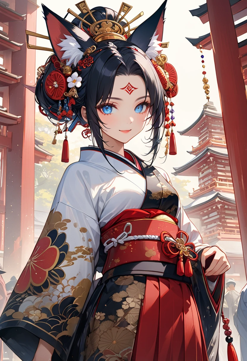 Ink painting, (((1 girl))), (((Tattoo in the middle of the forehead))),(((In the background is the Akatsuki moon))), (((Oiran))), (((Great hair accessories))), Demon possession, ((Masterpiece:1.2)), ((Highest quality)), Extremely detailed and delicate illustration style, Detailed leather texture, Detailed canvas texture, Very detailed description, (Masterpiece T), Extremely beautiful illustration, Highly detailed face, Raw image, professional, Ultra-high resolution panel, Complex details, Superior detail, Intricate decoration details, Perfect anatomy, real, (Very beautiful and cute black and white fox woman or girl with blue eyes wearing kimono), ((Beautiful black fox ears)), (Beautiful black and white fox tail), (Black hair with beautiful, shiny white streaks), (Beautiful and clear blue eyes), (Beautiful detailed eyes:1.6), ((Japanese temple priestess style: 1.7)), (Traditional tailored outfit), Front view, White flower kimono, Long red hakama skirt, A maxi skirt, Modestly dressed, He smiles, ((Standing and looking at me)), ((The day)), (Extremely detailed and beautiful Japanese temple construction), (8K Highest quality wallpaper), (Extremely detailed and delicate background)