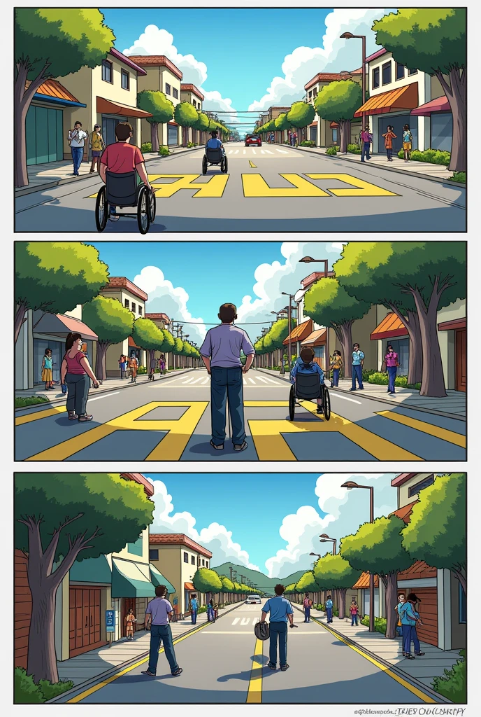 Here is a suggestion for a six-panel comic on the topic. "Rebuilding RS with accessibility and inclusion":
**Table 1:**
Title at top: "Rebuilding RS with Accessibility and Inclusion".
supper: A map of Rio Grande do Sul (RS) Outstanding, with different areas marked in red to show regions that need accessibility improvements. a diverse group of people, including a wheelchair user, a visually impaired person and others, is around the map, discussing ideas.
**Table 2:**
supper: A cidade de Porto Alegre, with potholed streets and old buildings without access ramps. A character in a wheelchair is having difficulty crossing the street, while another visually impaired character struggles to find the sidewalk.
**Table 3:**
supper: An engineer and an architect discussing plans at a table, with plans for accessible street projects and inclusive buildings. Ao fundo, a screen shows the vision of a renewed city with accessibility for all.
**Table 4:**
supper: A work in progress, where sidewalks are being adapted with ramps, audible traffic lights being installed, and braille signs being placed at bus stops. People working in construction, And next to it, the engineer and the architect supervising the work.
**Table 5:**
supper: The transformed city, now with accessible sidewalks, ramps in all buildings, and public spaces adapted for all types of disabilities. A group of people with disabilities use the new facilities with ease, showing smiles and satisfaction.
**Table 6:**
supper: The same diverse group as in the first frame, now with the background of an accessible and inclusive city. Everyone is celebrating, with a banner at the bottom that says "A RS for Everyone". The wheelchair-bound character raises his arms in victory, and the visually impaired character smiles, holding his staff.
Final text in the footer: "To rebuild is to include! A better future starts with accessibility