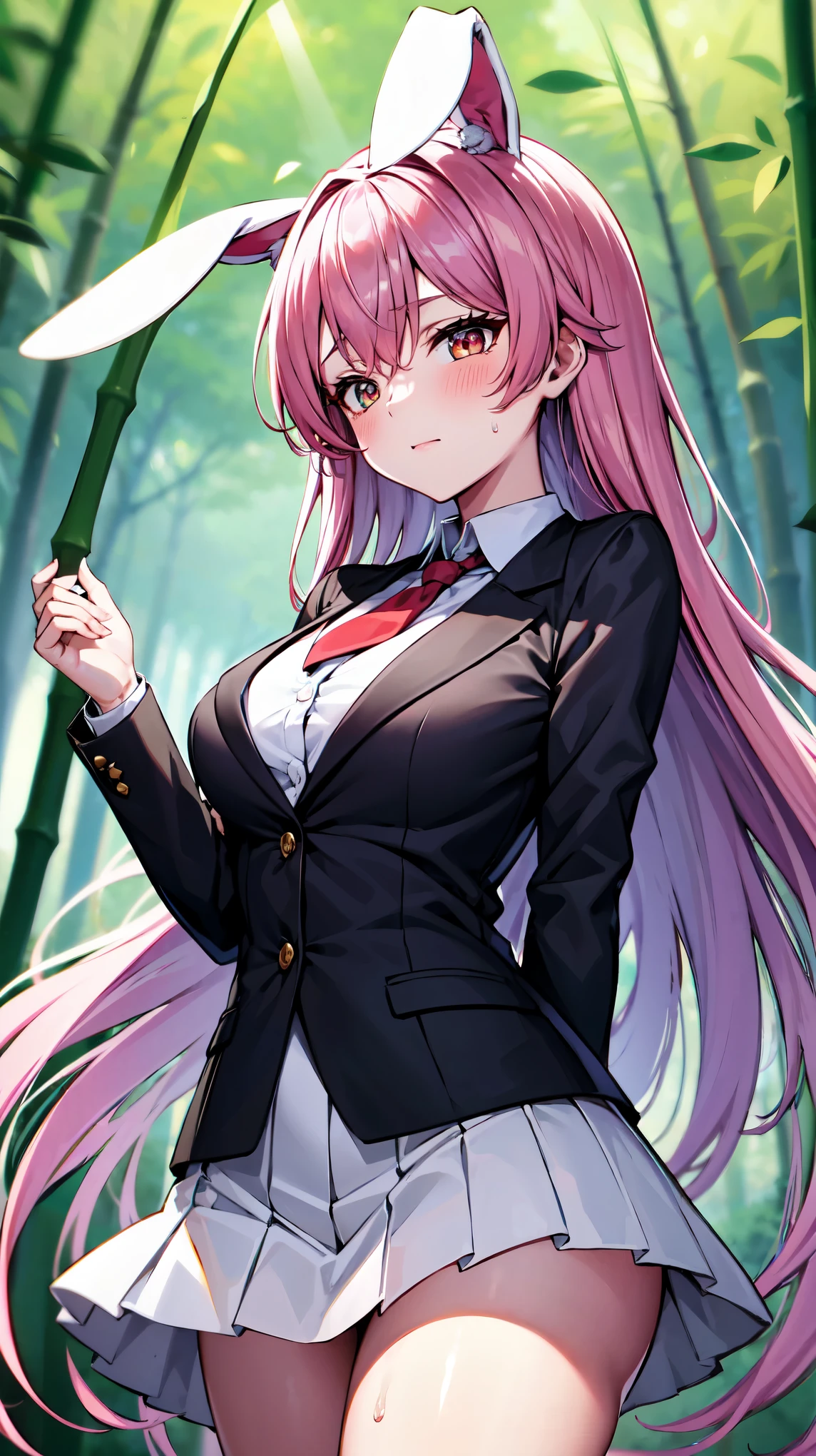 （（super high quality,Ultra-high resolution,16K,super masterpiece,Ultra HD,Ultra high definition,））One high school girl,White bunny ears,Very long straight purple hair,Slender body,Black blazer,All buttons are unbuttoned,White dress shirt,Long red tie,Pink mini skirt,White socks,blush,Looks at me so shyly,（（Leaning forward greatly:1.5,Hands tucked between the crotches:1.8,））Sweaty,Bamboo forest in the morning sun,A strong wind is blowing:1.5,The wind messes up my hair and skirt:1.8,Angle looking up from below,