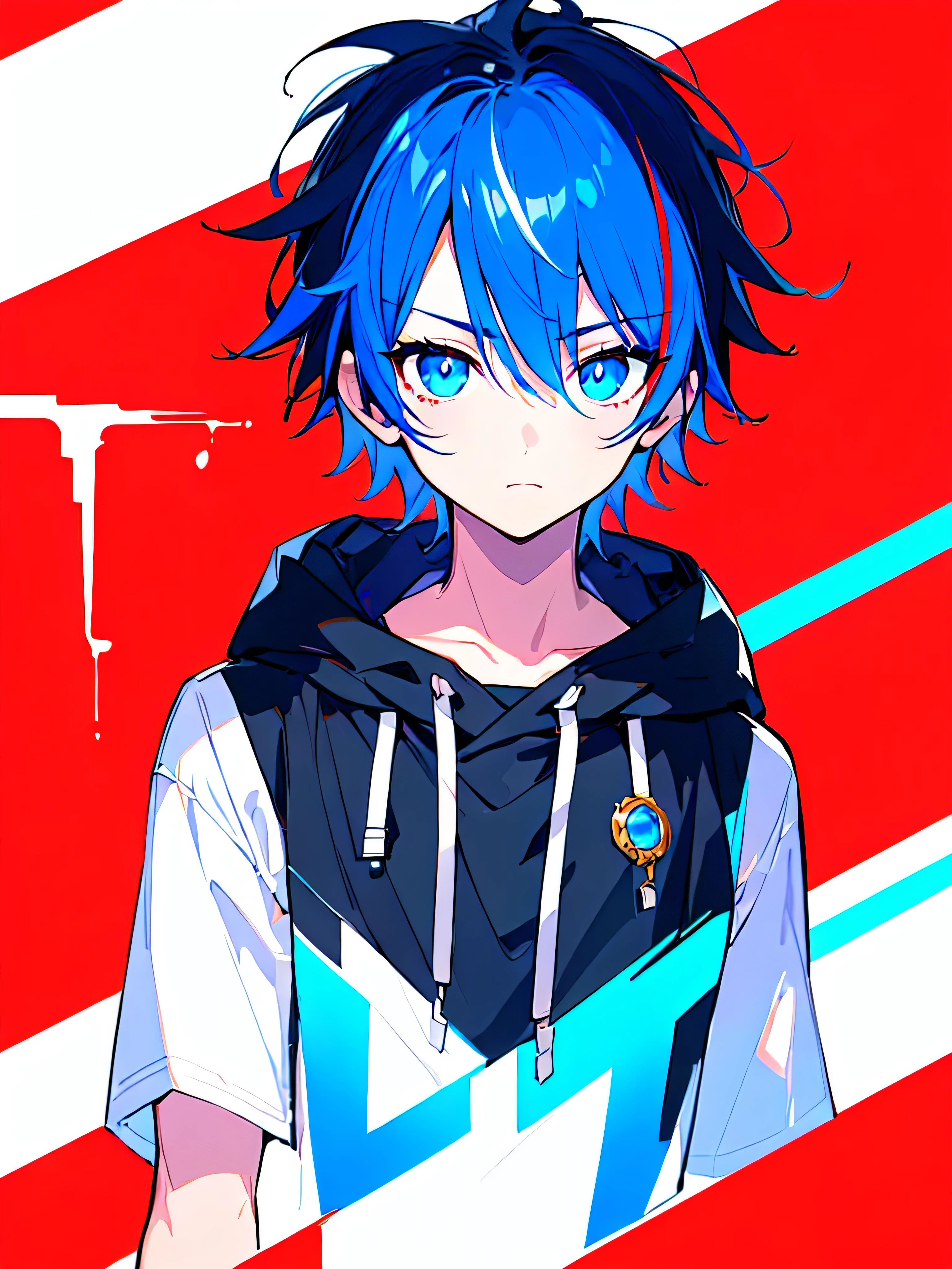 [(RED BACKGROUND:1.5),::5], ((((masterpiece)))), high quality, ultra very high resolution, full color, (((solo))), ((little boy)), BLACK short hair, ((Blue streaked hair)), (oriental deepblue eyes), anime, ((upper body)), Summer clothes, neon light, black parka, glaring