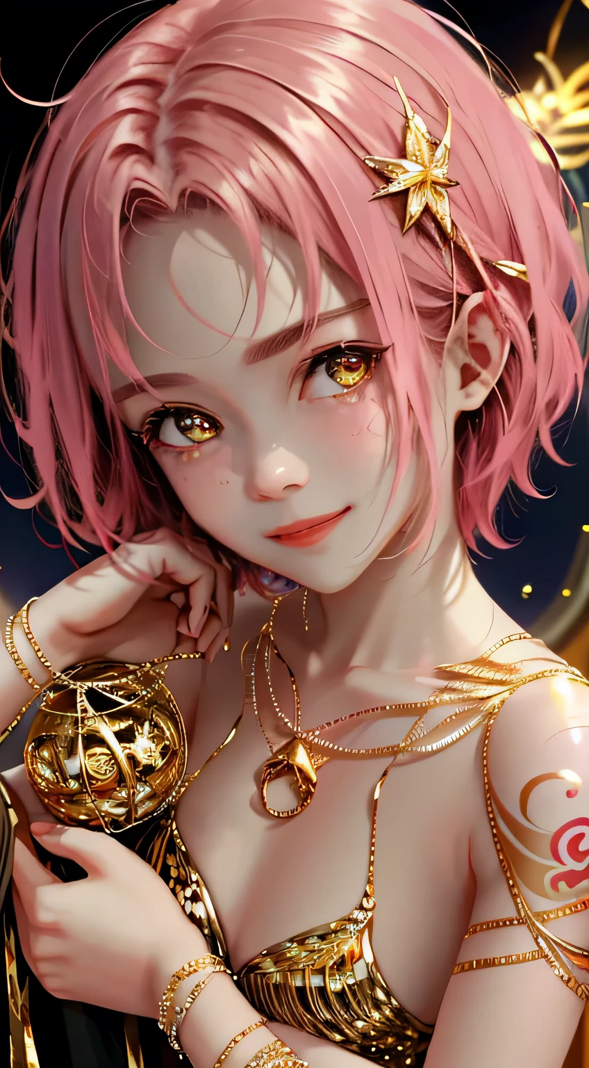 Raised, cute female,high high quality,tmasterpiece,short detailed hair,Pink atmosphere,Deities, goddes, light particules, Halo,Girl with tattoos,high-definition picture quality,largeeyes, nighttime scene,Shy face, golden dollar coins, gold, dripping gold, smile brightly