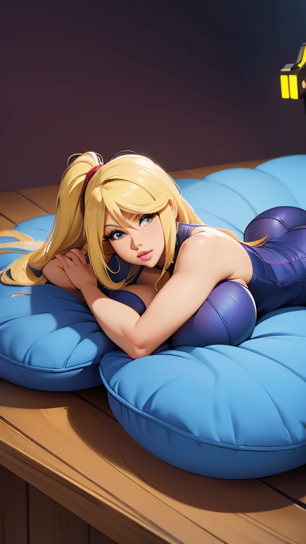 ((masterpiece)), ((best quality)), (detailed), perfect, solo, samus aran, gorgeous woman with large breasts, luscious lips, long hair, huge breast, deep cleavage, huge breasts, sexy, lying down