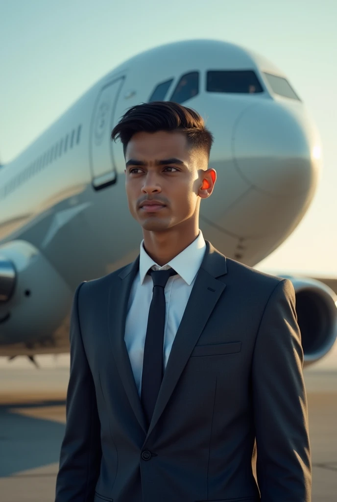  old Indian boy handsome wearing formals posing for Nadeem beautiful aroplen in background