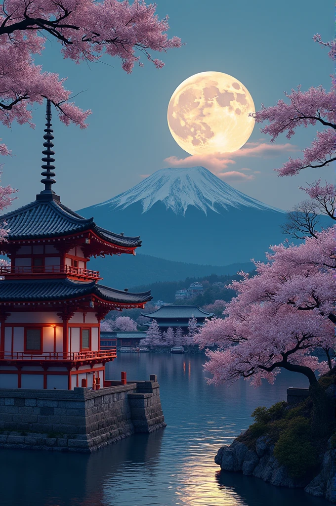 japanese temple (pointing to the left) with a full moon behind it and cherry blossom trees in the foreground of the picture on which the focus is