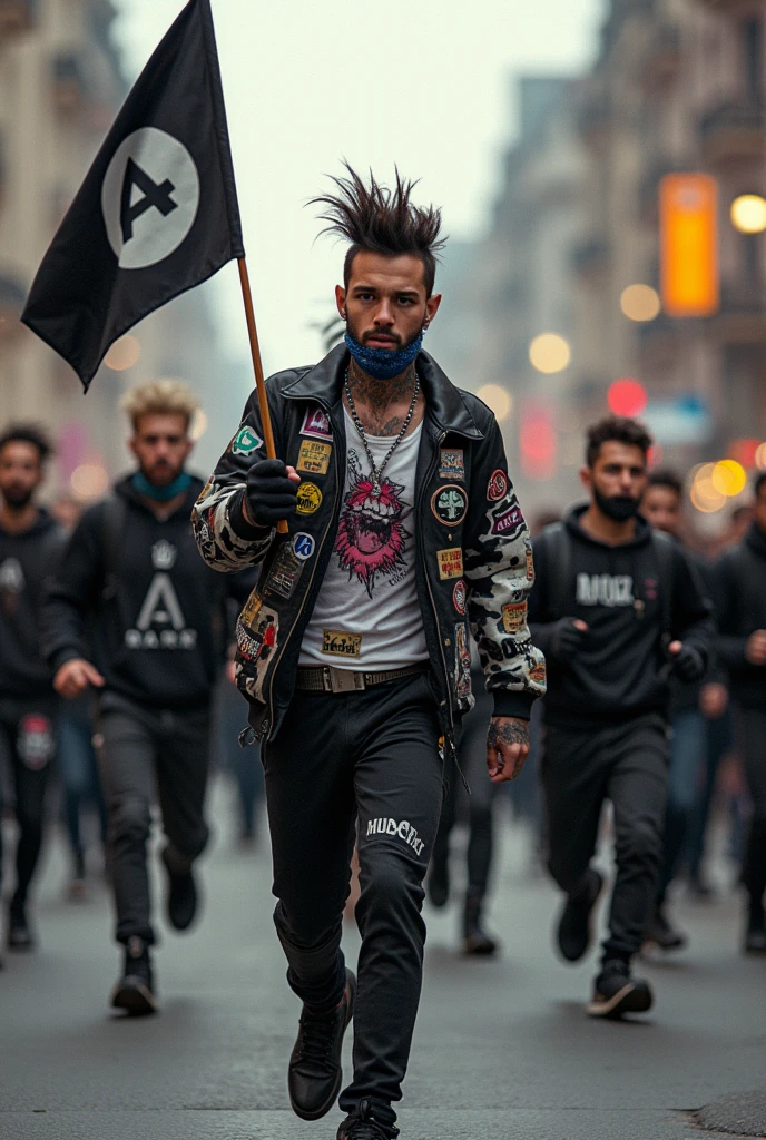 Coloured punk with a big black a as a flag runs with a group of people who have exactly the lifestyle tank sick with the black big a the punk has a black and white jacket on with the other ski logo sprayed on the back and several stickers no beer before four and in a very big city with 1600 supporters the one with the big black nobility site runs a demo demo demo of Nazis mass brawl breaks out