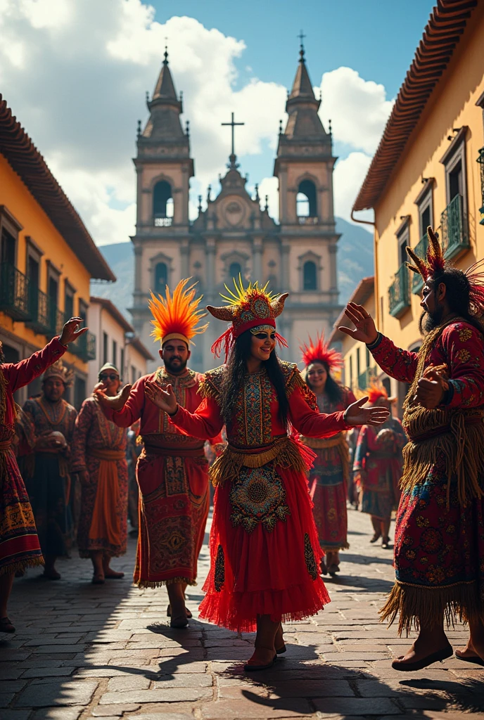 "Imagine the Oruro Carnival in Bolivia, one of the most important festivities in the country. The scene shows a street filled with dancers dressed in colorful and elaborate costumes., adorned with masks and feathers. In the middle, The Devils and the Supay Chinas perform the famous Diablada dance, while the sound of traditional music bands fills the air. At the bottom, You can see a colonial church that stands out in contrast with the vibrant colors of the holiday. Capture the energy, mysticism, and the cultural richness of this celebration, that mixes indigenous traditions with elements of Spanish culture."