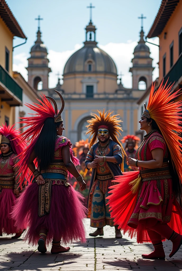 "Imagine the Oruro Carnival in Bolivia, one of the most important festivities in the country. The scene shows a street filled with dancers dressed in colorful and elaborate costumes., adorned with masks and feathers. In the middle, The Devils and the Supay Chinas perform the famous Diablada dance, while the sound of traditional music bands fills the air. At the bottom, You can see a colonial church that stands out in contrast with the vibrant colors of the holiday. Capture the energy, mysticism, and the cultural richness of this celebration, that mixes indigenous traditions with elements of Spanish culture."