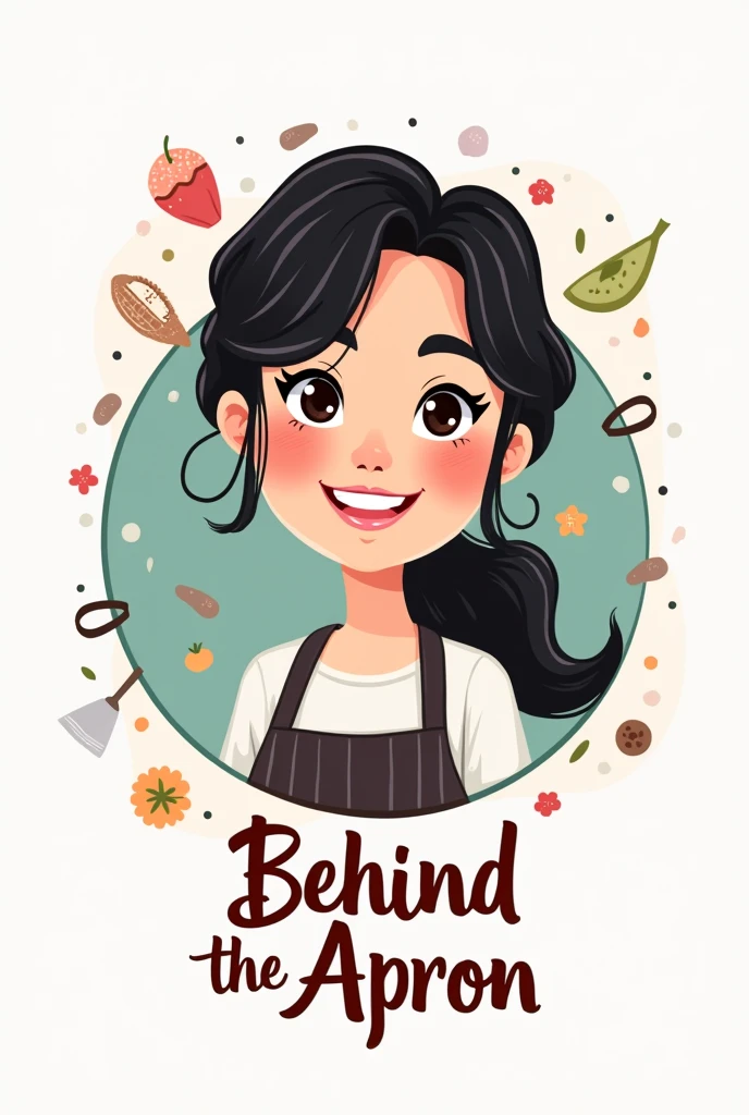 Create a logo for my Instagram food page of called “Behind The Apron“ . I am a girl with fair skin and black hair. Include a cartoon of myself