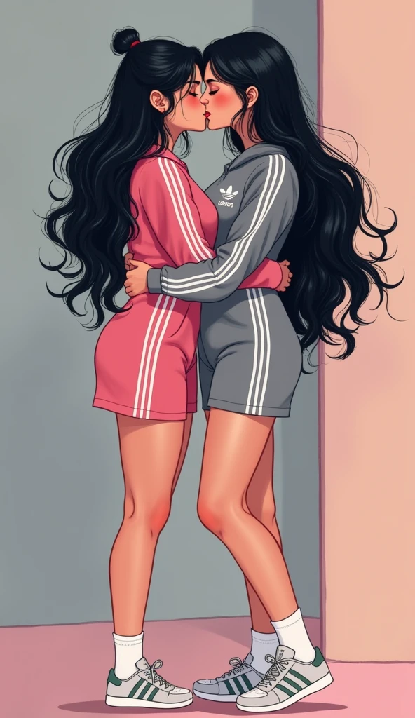 Two girls long black hairs, yuri
The first girl wear a pink adidas pants, white socks, pink white adidas sneakers.
The second girl wear a grey adidas pants, white socks, grey white adidas sneakers.
French kiss, lesbian kiss, hugging, sensual body, closed eyes, novel cartoon, 4K, HD