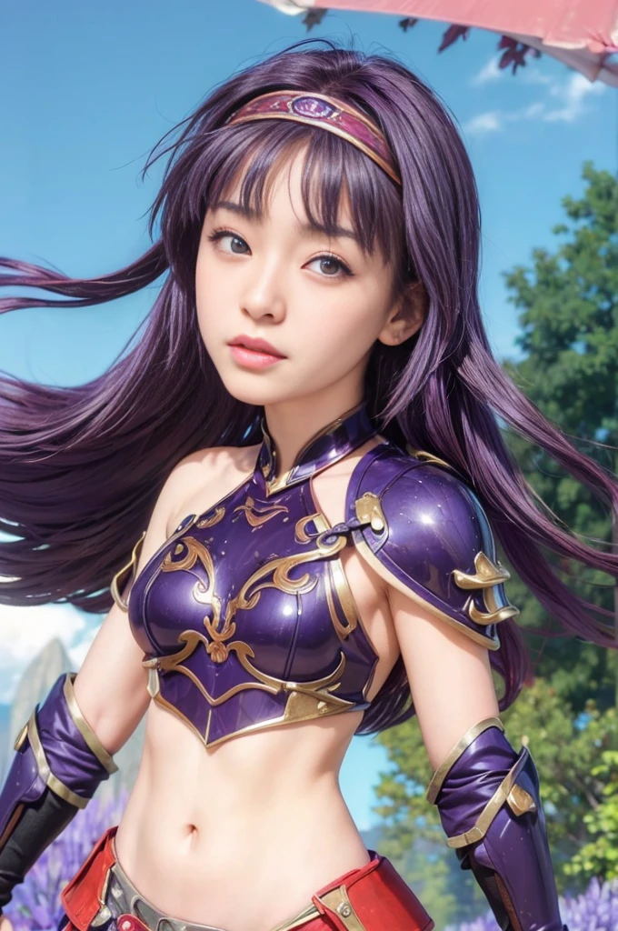 masterpiece, best quality, (realistic,photo-realistic:1.4), (RAW photo:1.2), extremely detailed CG unity 8k wallpaper, delicate and beautiful, amazing,finely detail, official art, absurdres, incredibly absurdres, huge filesize, ultra-detailed,extremely detailed eyes and face,light on face,sumire kakei,(purple hair:1.4),long hair,red hairband,(wearing armor:1.5),(nature background:1.5)