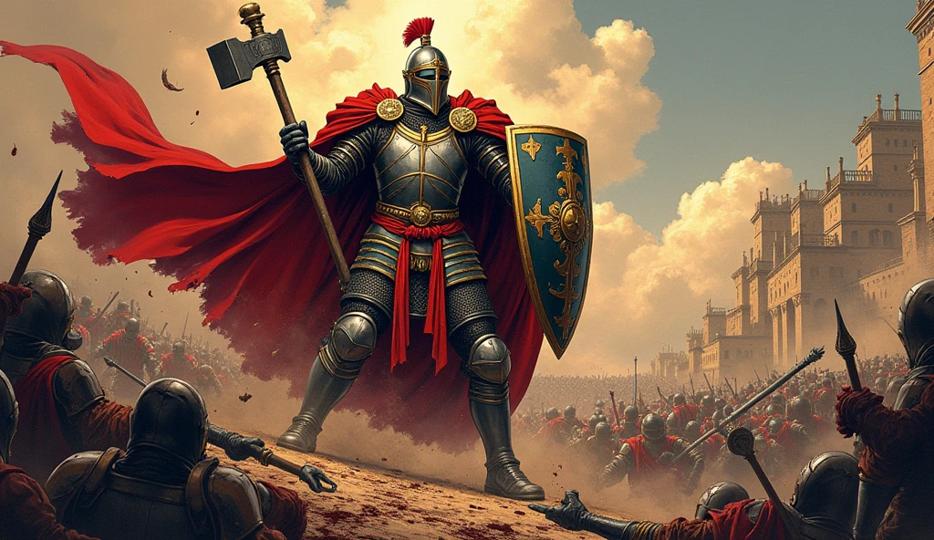 A highly detailed, colored illustration in a seinen manga style, depicting an elite guard of a city-state ruler during the Renaissance era. In a ruthless battle scene, the elite guard, a figure of towering strength, engages in brutal combat wielding war hammer in one hand shield in another. He wearing heavy decorated armour. There are dead everywhere. the scene full with blood and gore.