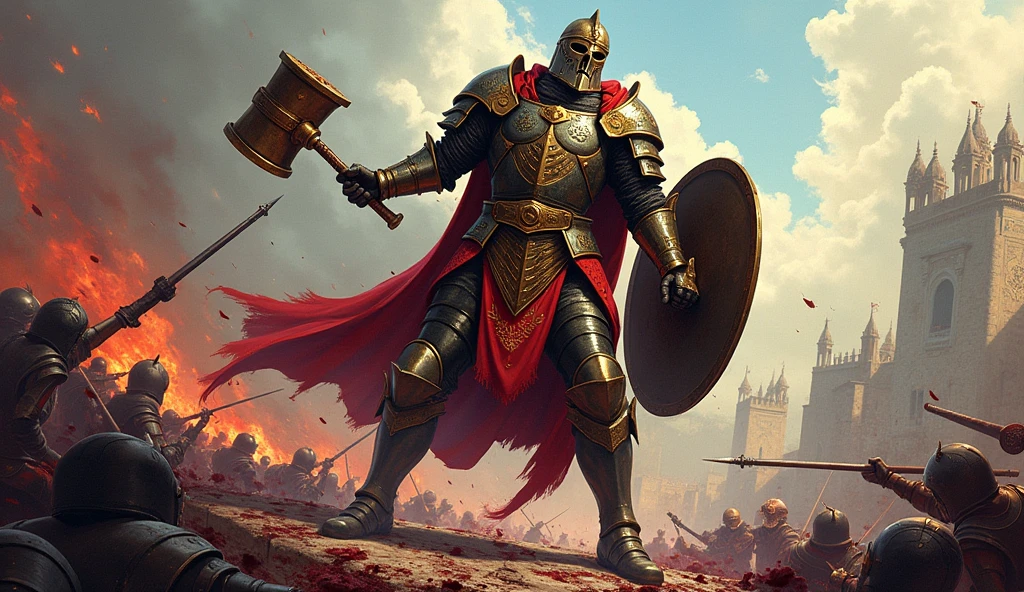 A highly detailed, colored illustration in a seinen manga style, depicting an elite guard of a city-state ruler during the Renaissance era. In a ruthless battle scene, the elite guard, a figure of towering strength, engages in brutal combat wielding war hammer in one hand shield in another. He wearing heavy decorated armour. There are dead everywhere. the scene full with blood and gore.