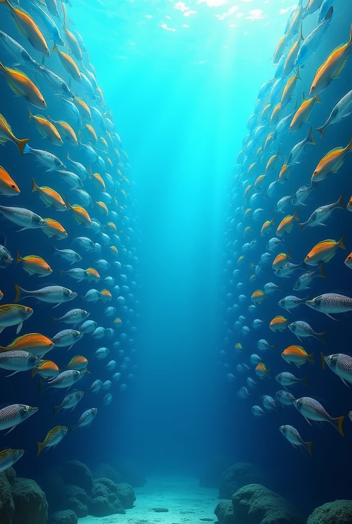 All the fish form rows leaving a space in the middle.