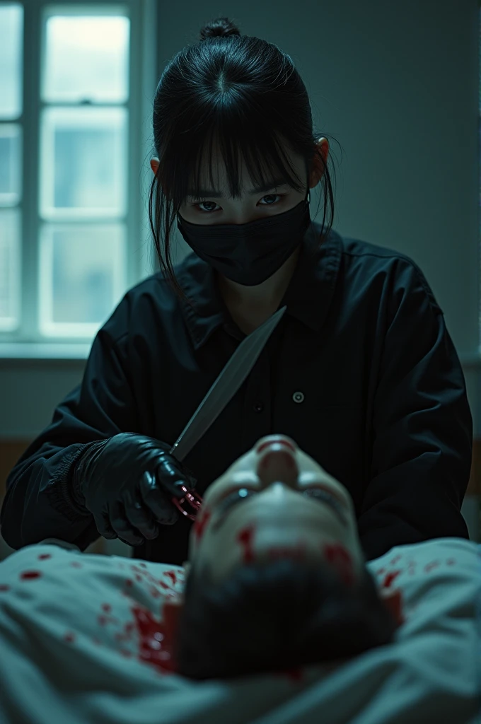 korean girl, (behind stiff, holding knife), stabbing, black surgical mask, black gloves, glasses, torture chamber, black raincoat, trucker hat, holding knife, black gloves, , woman on top, behind cadaver, blood splatter, on the bed, looking at viewer, mass murderer, killer, low ponytail, blood splatter, dark atmosphere, cinematic lighting, atmospheric realistic, light from the window,