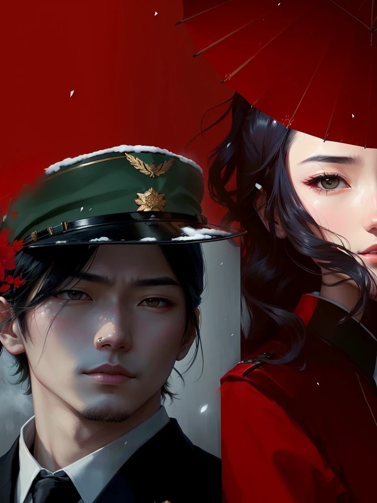 there is a woman in a uniform and a man in a suit, inspired by Yasutomo Oka, inspired by Yukihiko Yasuda, inspired by Oka Yasutomo, artwork in the style of guweiz, inspired by Tsukioka Yoshitoshi, hsiao-ron, japanese live-action movie, satoshi kon artstyle, fan art, a dramatic style involving snow and blood, blizzard and death of love.