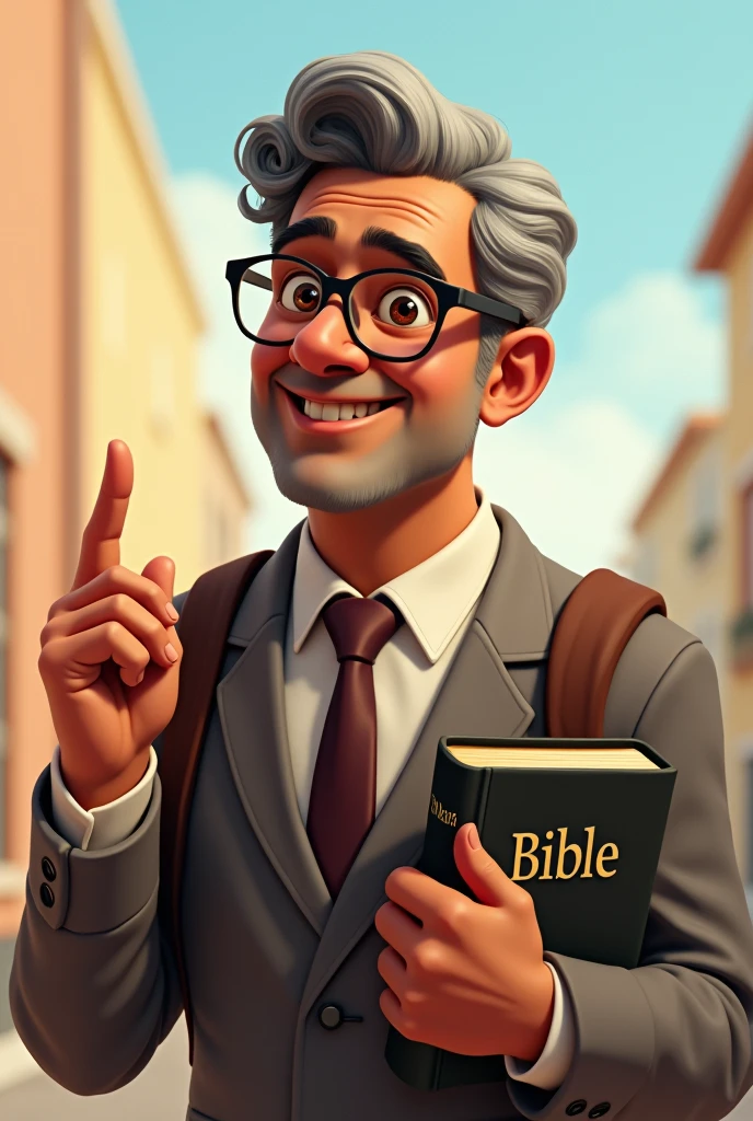 Create a Pixar-style image of a 53-year-old Latino man,brown skin, using reading glasses, gray curly hair, Side-parted hairstyle and formal dress, holding a bible in his left hand and pointing at the bible with his index finger of his right hand, smiling placidly, he has neither a beard nor a moustache, In the book it should only say BIBLE,without images, He carries a backpack and an umbrella hanging from the same backpack 