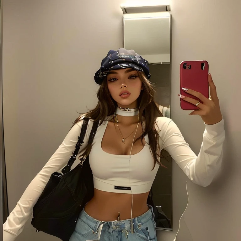 araffe woman taking a selfie in a public restroom, 2 4 year old female model, instagram model, photo of slim girl model, wearing a chocker and cute hat, wearing a sexy cropped top, portrait sophie mudd, she is wearing streetwear, photo of slim girl, 1, wearing crop top, wearing a cropped tops, bralette