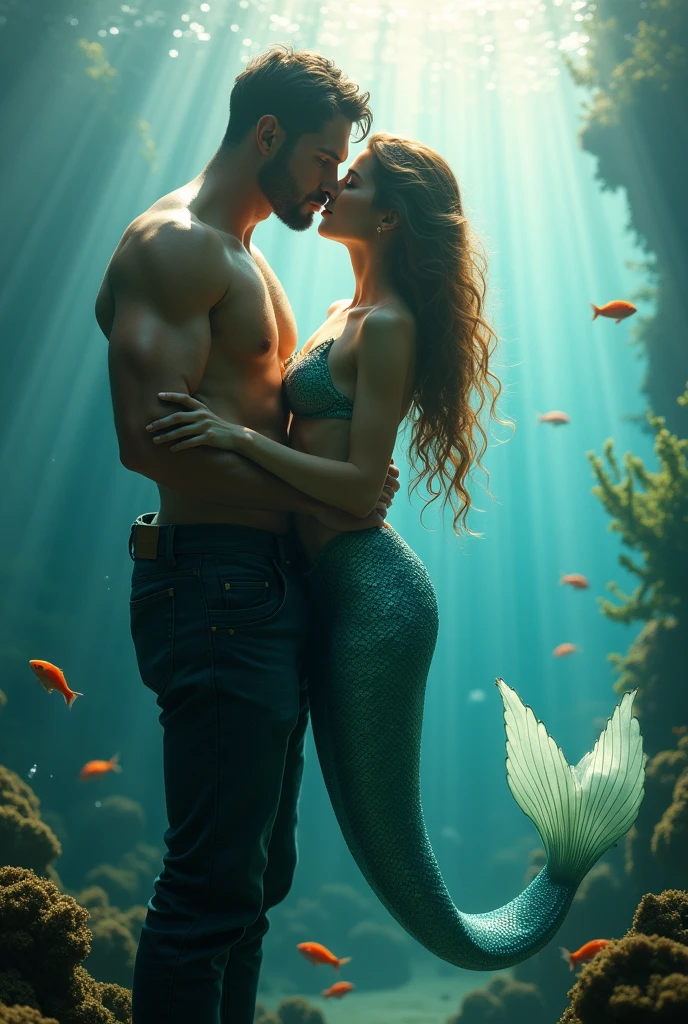 a handsome men & beautiful hot mermaid kissing. No need any third person.