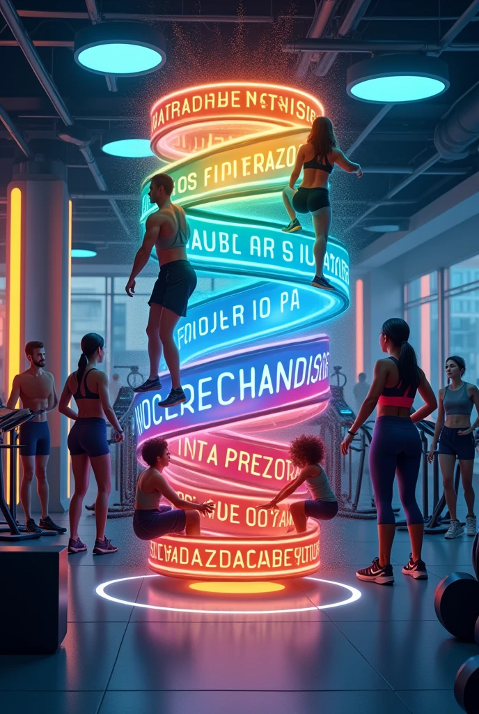 in a gym, create a fitness image of the transtheoretical model of behavior change with the words in Portuguese