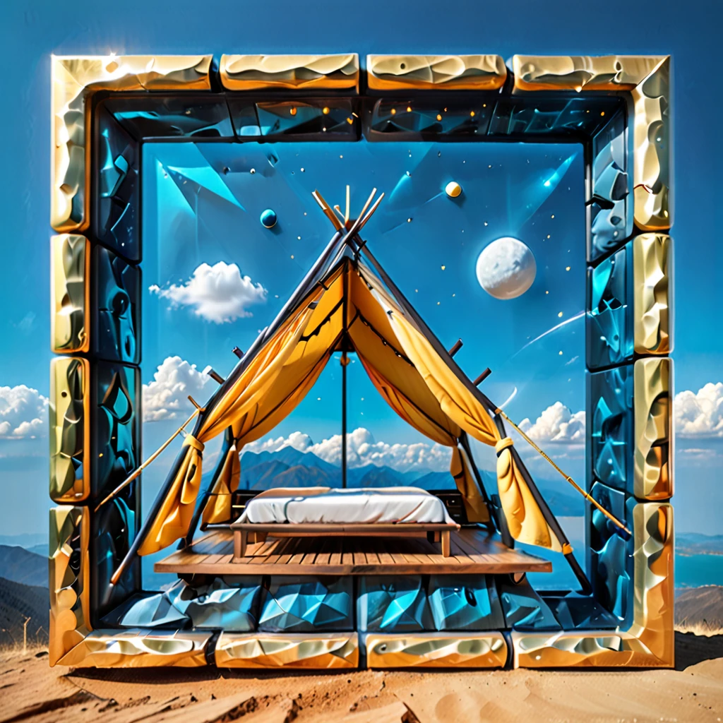 Glamping、symbol、Three-dimensional、Shine、Shine、gold、The background is blue sky、The periphery is a luxurious frame.