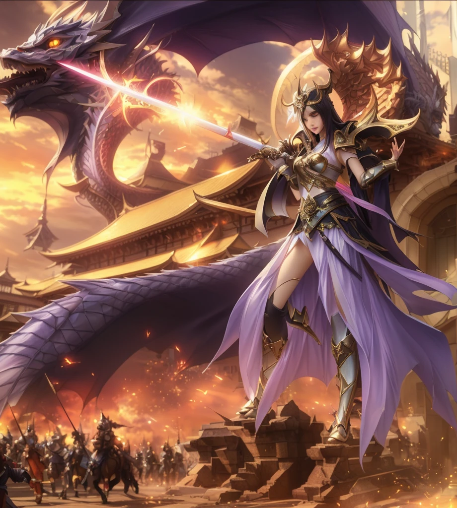 anime girl with dragon and sword in front of a building, anime fantasy artwork, 2. 5 d cgi anime fantasy artwork, by Yang J, anime epic artwork, epic fantasty card game art, ruan jia and artgerm, anime fantasy illustration, artgerm and ruan jia, fantasy card game art, a beautiful fantasy empress