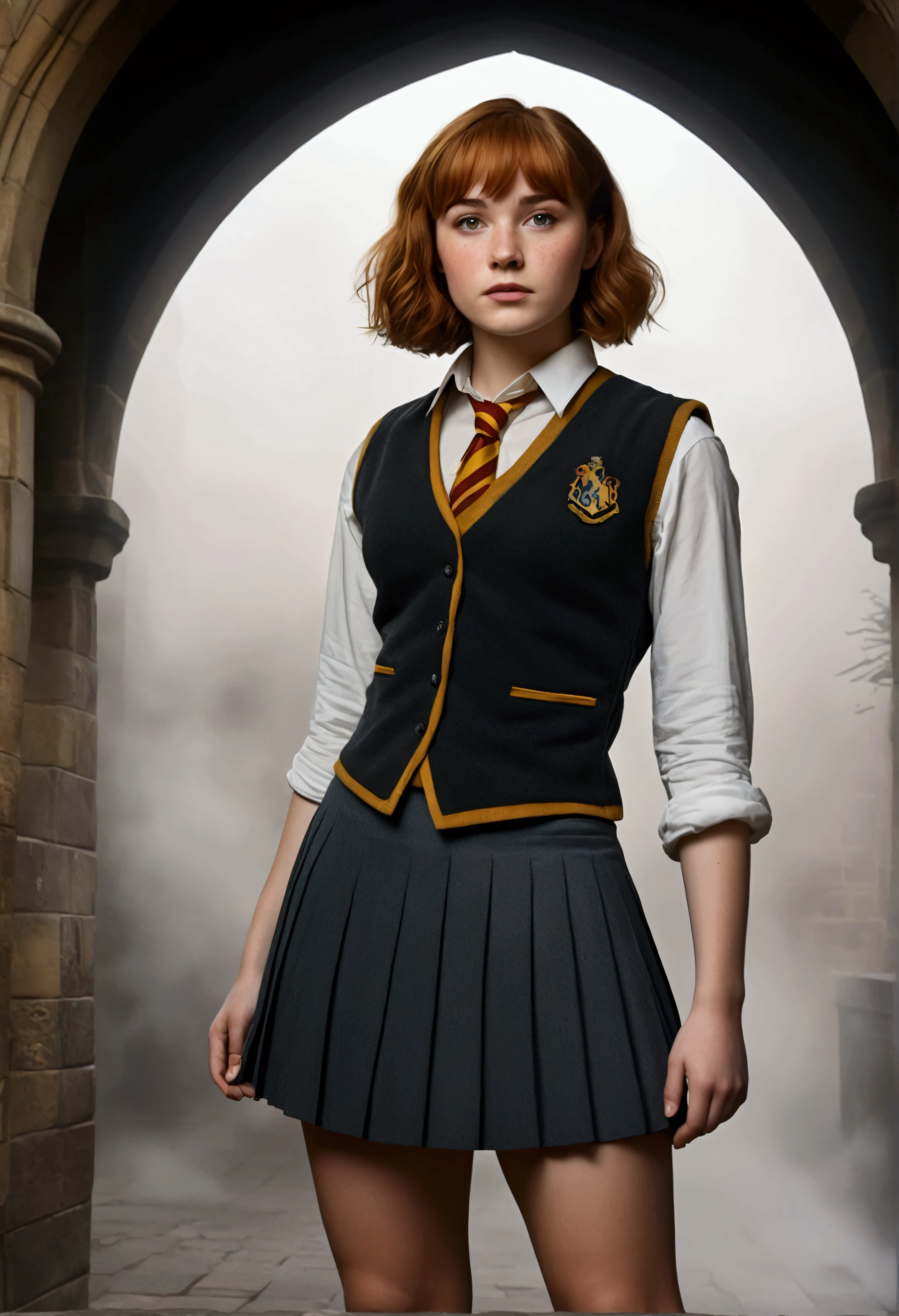 An illustrated movie poster, hand-drawn, full color, a female Hogwarts student, 1, wearing a charcoal vest and a pleated skirt, toned, amazonian stature, athletic hourglass figure, full wide hips, massive round butt, long shapely legs, ridiculously thick powerful thighs, hazel eyes, deep dark auburn hair, short curly bob cut, flushed sun-kissed complexion, freckles, resembles Genevieve O'Reilly, standing in a foggy Hogwarts courtyard, surrounded by mist, graphite shading, stencil marks, airbrushed acrylic paint, masterpiece, in the Deathly Hallows 