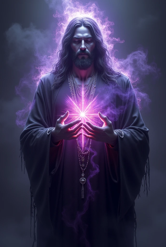 jesus in black ritual clothing, energy field around the shiny silver body, violet body aura, red and silver blue chest aura, fire aspect in silver eyes, darkness background, Morning Star