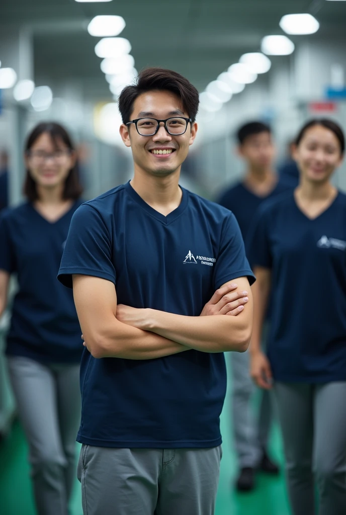 The uniform of employees of the assembly department of electronic components (smt), gray trousers with navy blue t-shirt 