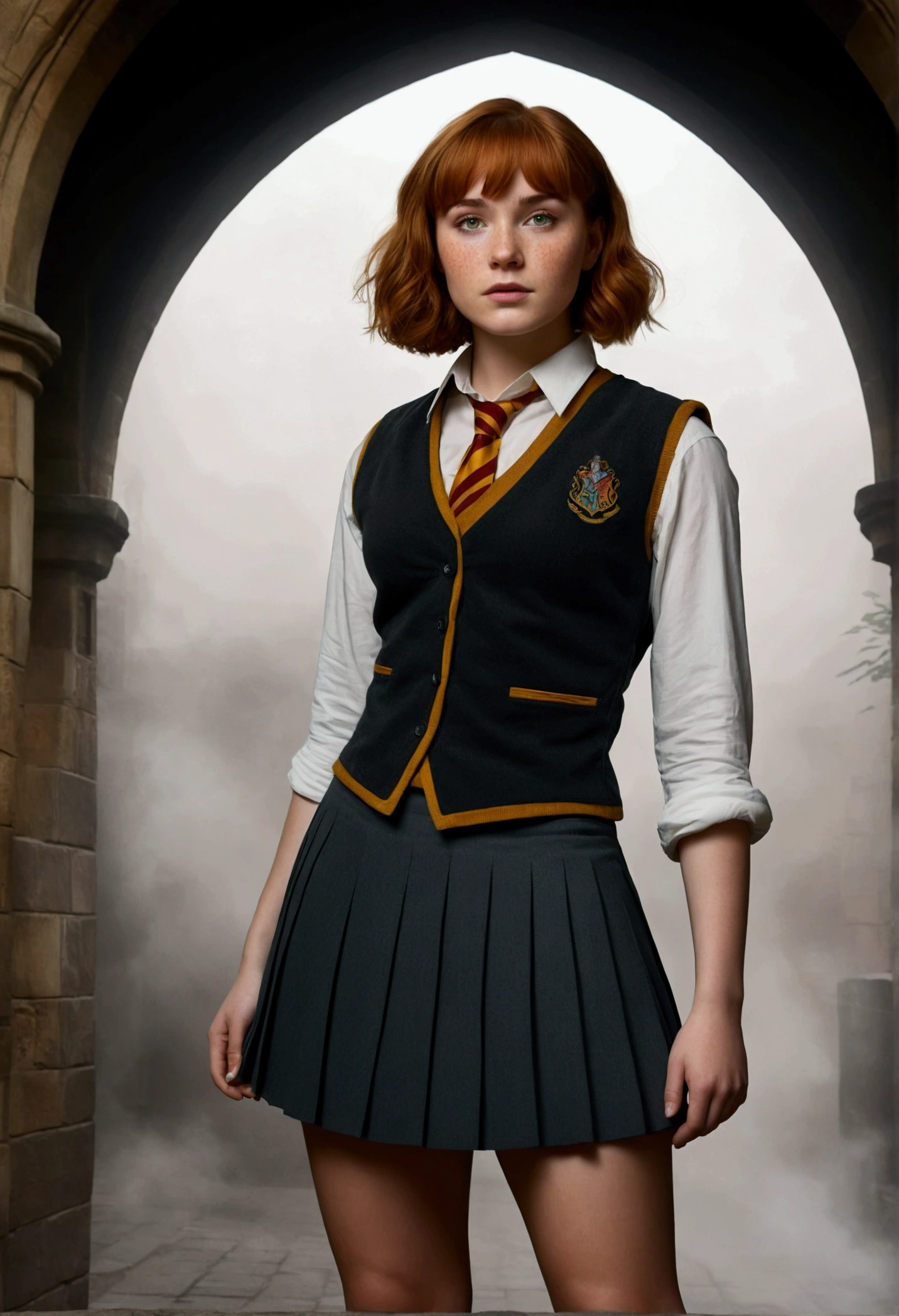 An illustrated movie poster, hand-drawn, full color, a female Hogwarts student, 1, wearing a charcoal vest and a pleated skirt, toned, amazonian stature, athletic hourglass figure, full wide hips, massive round butt, long shapely legs, ridiculously thick powerful thighs, hazel eyes, deep dark auburn hair, short curly bob cut, flushed sun-kissed complexion, freckles, resembles Genevieve O'Reilly, standing in a foggy Hogwarts courtyard, surrounded by mist, graphite shading, stencil marks, airbrushed acrylic paint, masterpiece, in the Deathly Hallows