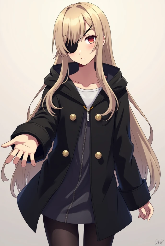 a cartoon image of a woman in boots, vector art by Ei-Q, pixiv, shin hanga, full_body!!, !!full body portrait!!, full body!!, anime moe artstyle, gapmoe yandere grimdark, full body!, anime vtuber full body model beige hair with an eyepatch black coat with front zipper closed, long hair Right hand out in front No background No coat