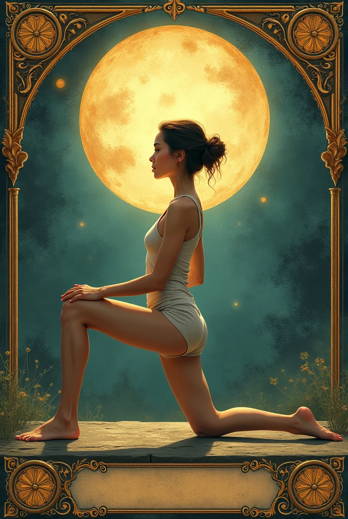 "A young woman practicing yoga, viewed from the side. Her right leg is bent with the knee aligned with the ankle. Her torso is inclined forward and both hands are placed on the mat.  hands on the mat beside the rifgt leg Her left leg is fully extended straight back with her left leg and foot touching the mat back. The side view clearly shows the alignment and posture of her body she is in low lunge pose the lesgs are wide open. The image is in the style of Tarot de Marseille cards, with intricate details and a mystical, ancient atmosphere." no hand up or in the knee her hand are on the mat