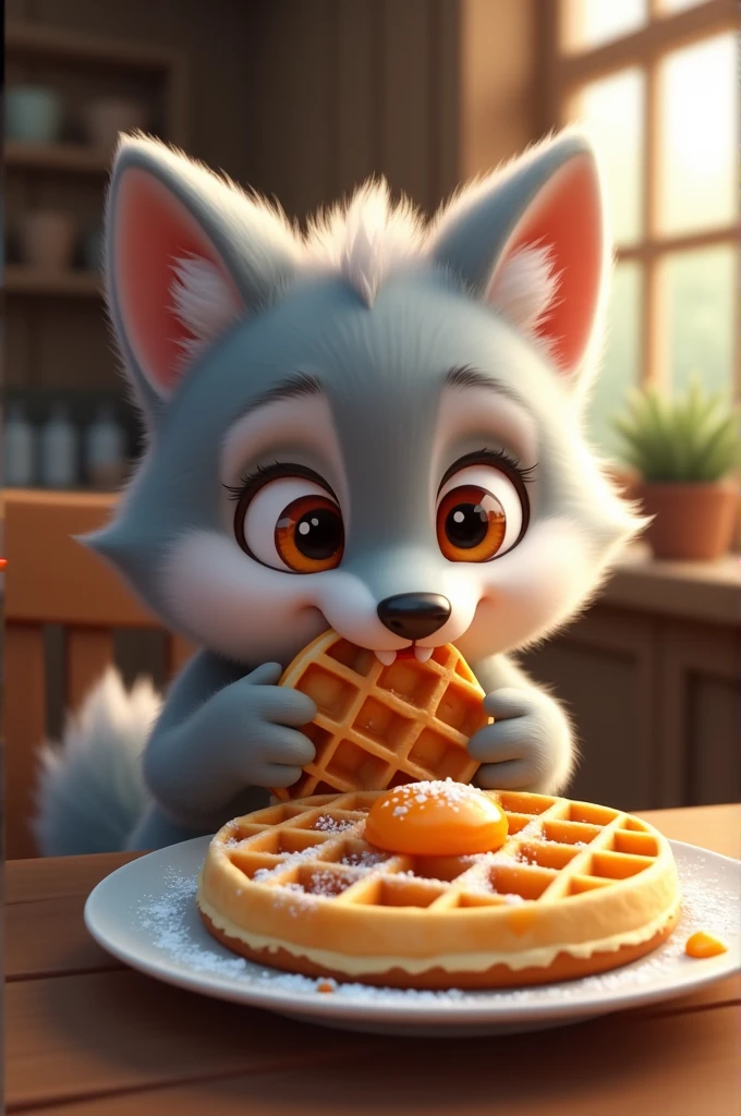 Cute wolf eating waffle