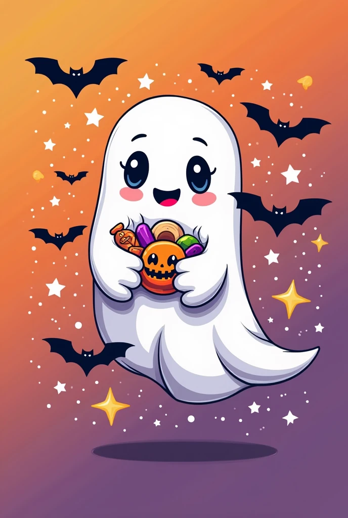 Create t-shirt designs with ghosts and candy • Design Elements: A cute ghost、Pop illustration holding Halloween candy。Around the ghost、Bat and star-studded design。
• Color: Pastel orange、purple、Use white、A cute and pop impression。