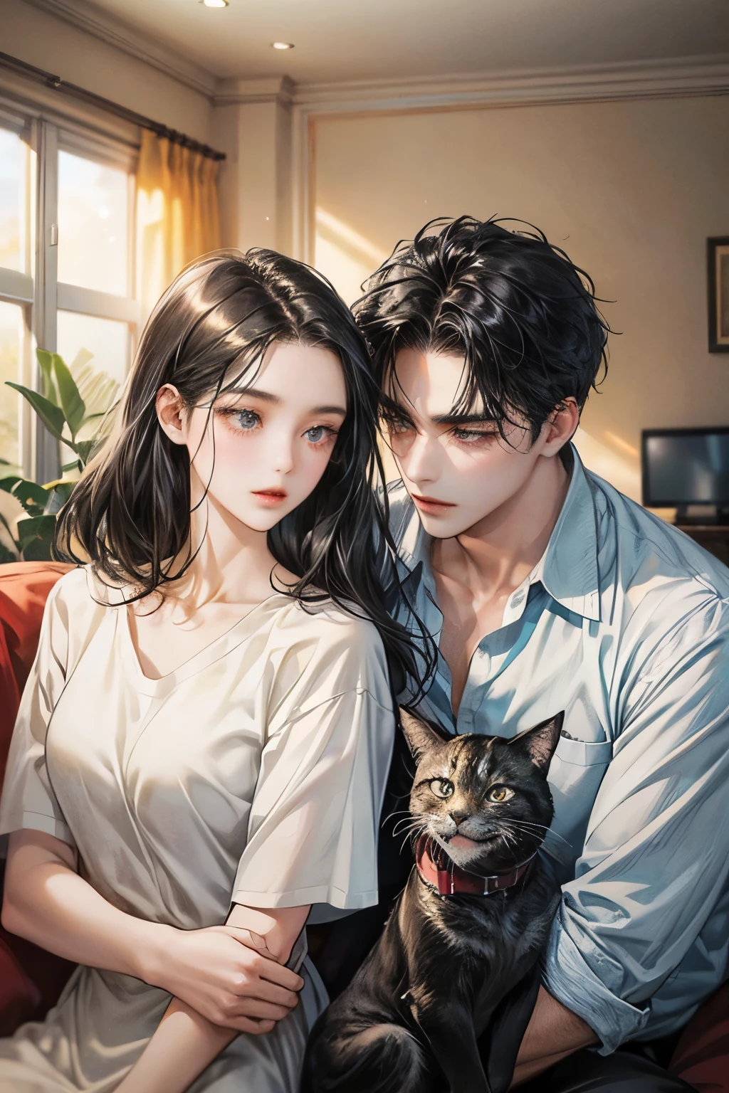 black hair, high resolution, Masterpiece, details, detailsสูง, โมเดลhigh resolution, simple background, college student couple,Play with cats, living room, black hair, long hair woman, Men with short hair