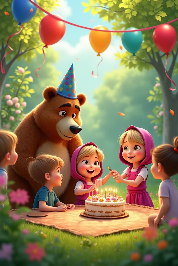 Masha et Michka fêtent l’anniversaire de Matthew, 4 ans, avec des enfants dans un jardin