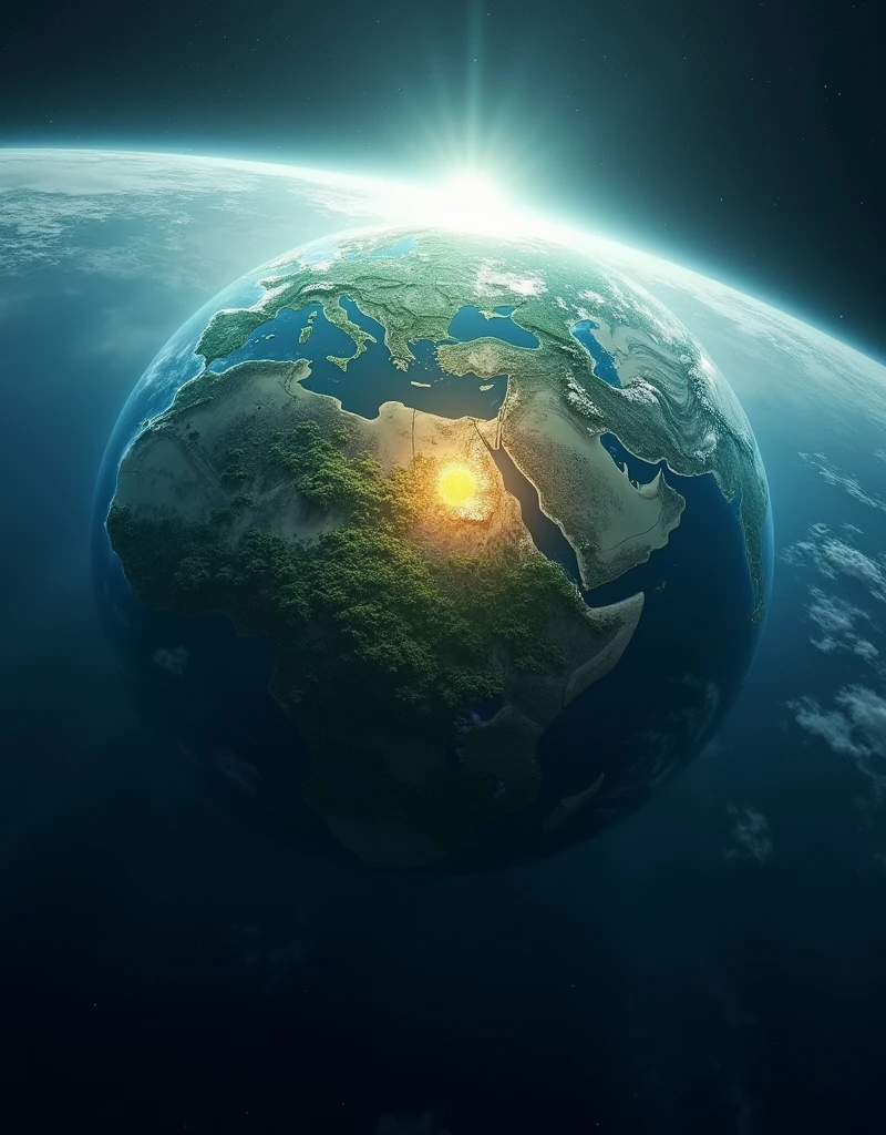 A majestic image of the Earth from space, with a glowing light or aura highlighting a large central landmass representing Jambu Dwip. The landmass should be placed prominently in the middle of the Earth, with lush greenery and mountain ranges visible. The rest of the Earth should be slightly darker, with soft outlines of continents visible through a hazy blue atmosphere. The scene should feel mythical and awe-inspiring.