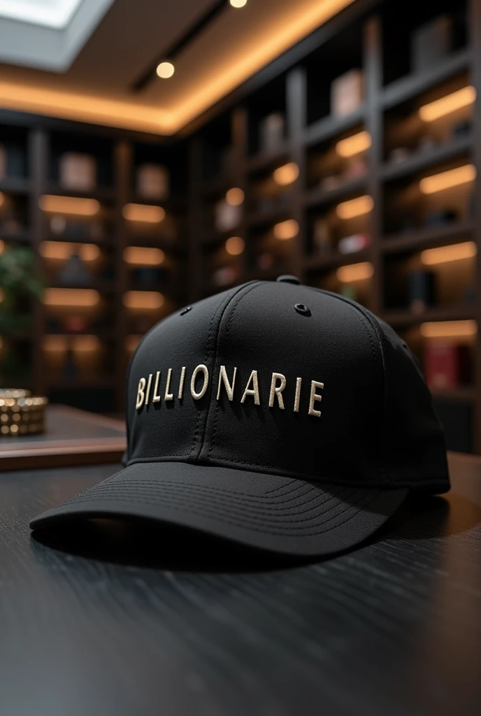 
Design a modern and urban style cap, Inspired by the fashion of trap singers. The cap must be completely black, with a flat and structured front. On the front, highlights the word &#39;BILLIONARIE&#39; in large type, striking and modern, in pure white color, to contrast strongly with the black background. The logo must be embossed, adding a premium and sophisticated touch. Place the cap in an exclusive environment, like the interior of a luxury store with elegant lighting and high-end details, to highlight its exclusive character and the essence of power and luxury that it represents."











