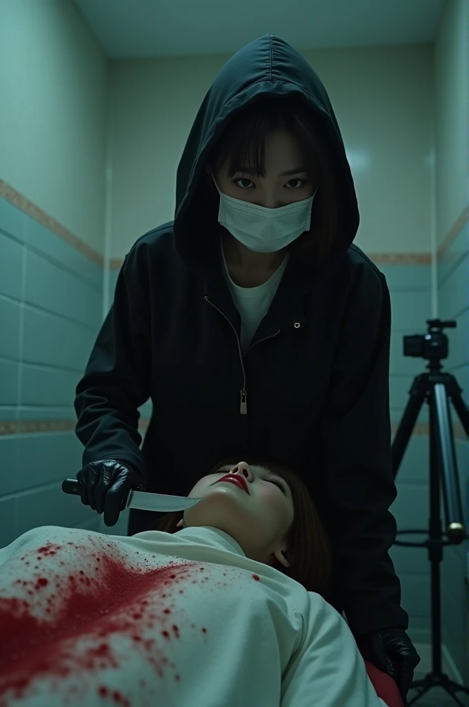 korean girl, (behind stiff, holding knife), stabbing, surgical mask, black leather gloves, bath room, black raincoat, hood up, holding knife, leather gloves, woman on top, behind cadaver, looking at viewer, blood splatter, night, mass murderer, killer, short hair, blood splatter, tripod and camera in the back, shooting with camera
