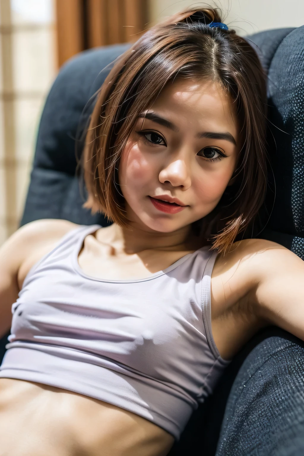 ((DETAILED NIPPLES)), ((LIE DOWN)), (Wearing Swimsuit), (((SHORTHAIRCUT STYLE HAIR ))), masutepiece, High quality, UHD 32K, Realistic face, Realistic skin feeling , A Malay Lady, , , Very cute and baby-like face, (((FLAT CHEST:1.3))), (MATRIX WORLD), ((look In front at the camera and SADNESS)), ((())), (((CUTE GIRL))), ((BLACK LIPS)), ((WHITE PURPLE)), (undress). ((naked:1)), ((baby face)) (sports bra)