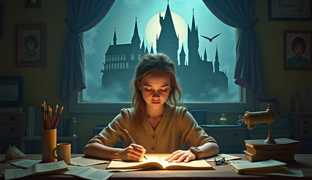 "Create an inspiring scene where a young woman, representing J.K. Rowling in her early days as a struggling single mother, is sitting at a small desk in a modest room. She is writing fervently, with pages scattered around her, glowing softly with magical light. Behind her, a translucent, larger-than-life image of Rowling as a successful author stands with a wand in one hand and a Harry Potter book in the other, surrounded by symbols of her success—Hogwarts castle, flying broomsticks, and characters from her stories. Above the scene, a soft, shimmering light forms the words: ‘Diligence, Imagination, and Belief.’ The overall image should evoke a sense of determination, magic, and the message that with perseverance and a little bit of magic, greatness can be achieved."
This prompt encapsulates the essence of Rowling’s journey, turning struggle into success, and serves as an inspirational reminder for anyone facing challenges.
ChatGPT can make m