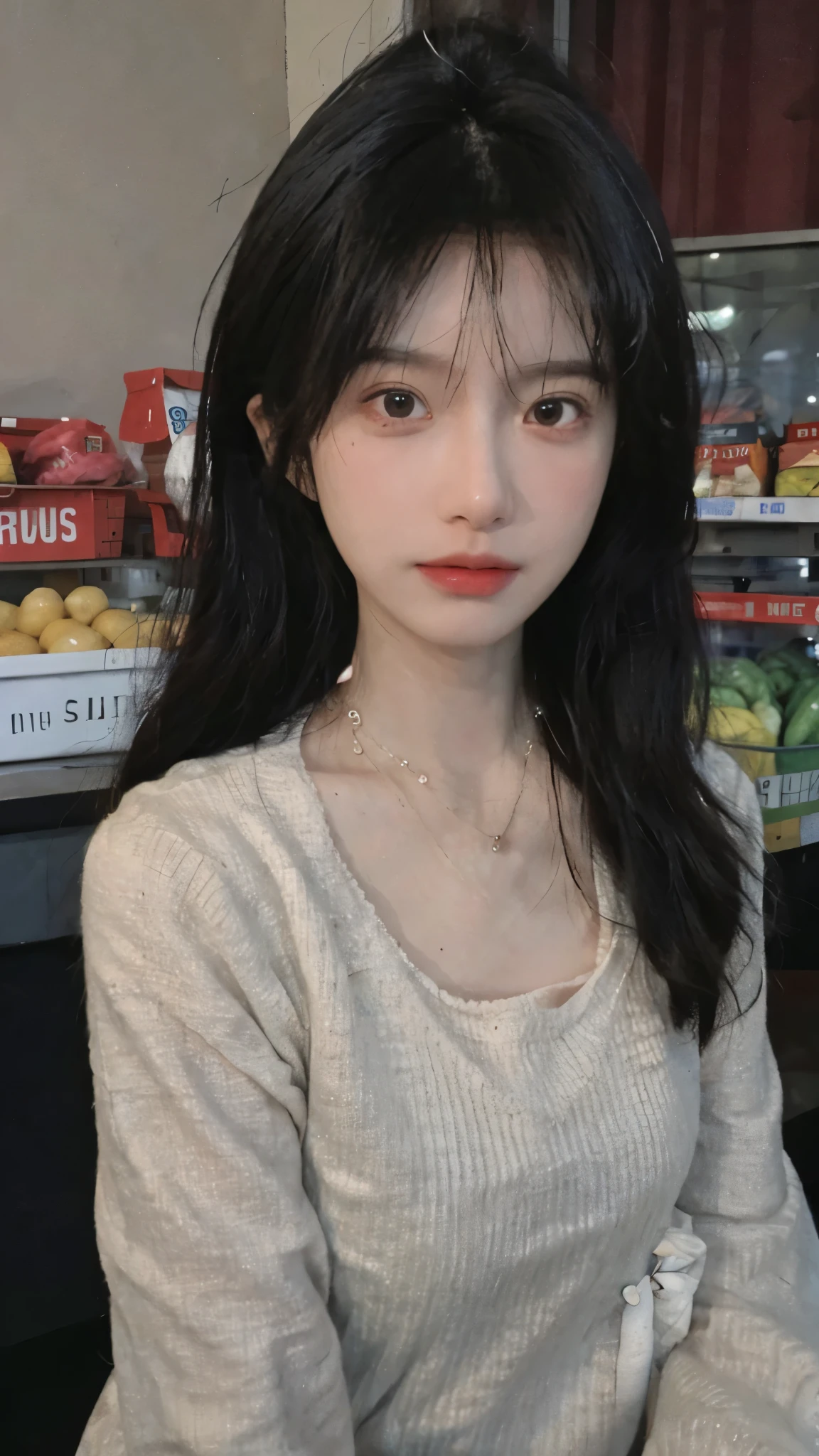 Best quality，Ultra-high resolution,(Realism:1.4)，Cute hairpins，girll,Cropped black sweater，Look directly at the audience，Full of atmosphere，Beautiful woman with a slim figure:1.4，supermarket，whole body，Super delicate face，Exquisite eyes，Double eyelids，necklace